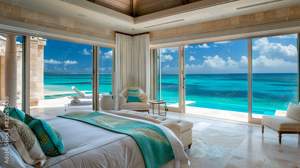 Fototapeta premium Luxurious bright bedroom overlooking the blue ocean