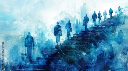 A conceptual artwork of business leaders building a staircase, symbolizing steps to success. photo