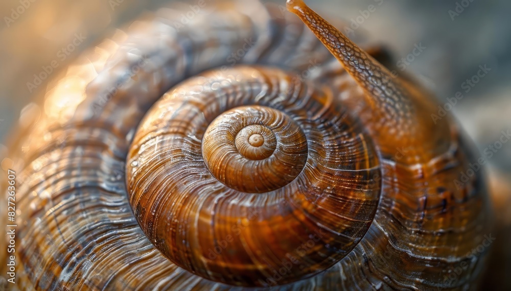 A macro image of a snail shell spiral, highlighting the detailed texture and natural vortex design, knolling A macro image of a snail shell spiral, highlighting the detailed texture and natural vortex design, knolling