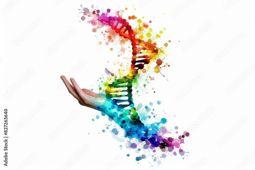 Obraz premium Colorful DNA helix with splashes, artistic representation, creative science