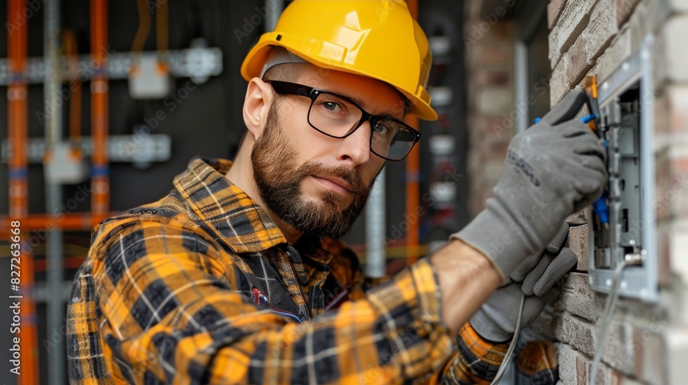 Experienced electrician installing wires in switchboard during electrical wiring project Experienced electrician installing wires in switchboard during electrical wiring project