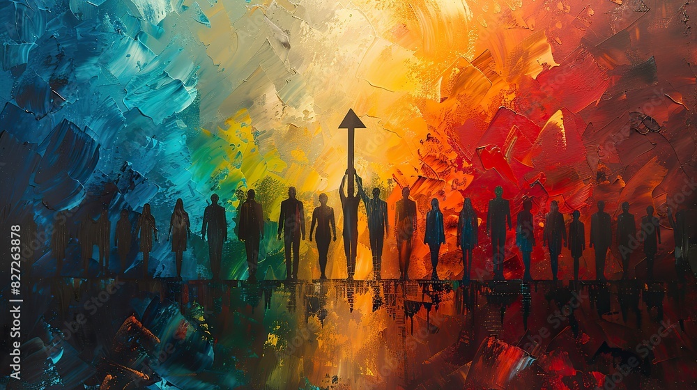 An abstract painting of a team lifting a large arrow upward, representing collective progress. An abstract painting of a team lifting a large arrow upward, representing collective progress.
