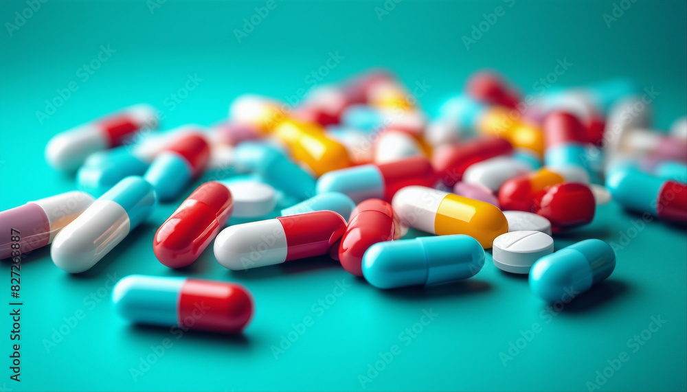 An array of colorful capsules on a turquoise background, depicting pharmaceutical care and health concept An array of colorful capsules on a turquoise background, depicting pharmaceutical care and health concept