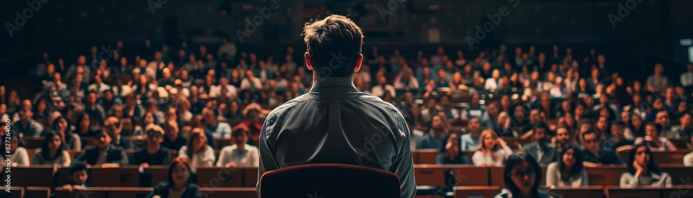 A motivational speaker at a business seminar, encouraging audience participation with dynamic visuals, knolling A motivational speaker at a business seminar, encouraging audience participation with dynamic visuals, knolling