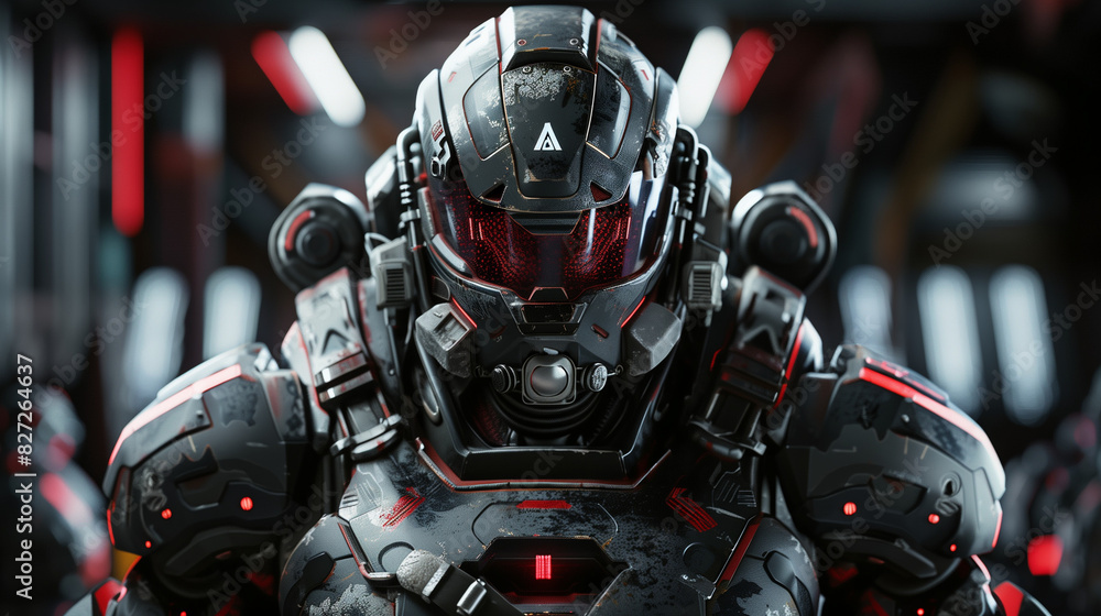 Fototapeta premium dark grey space soldier with red accents, red visor, in a spaceship, wide 16:9