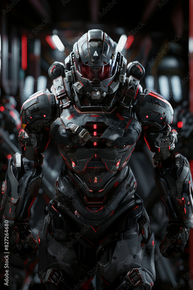 dark grey space soldier with red accents, red visor, in a spaceship, vertical monitor 2:3