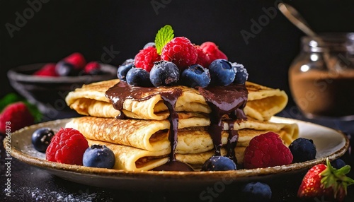 Crepes stacked with blueberries