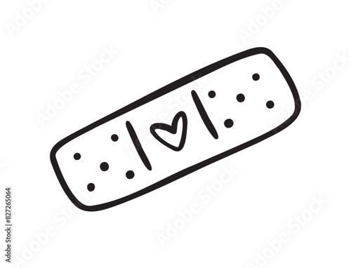 Hand drawn aid band plaster with heart care isolated on white background. doodle outline style