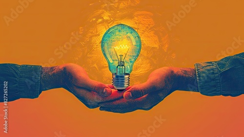 An illustration of hands passing a lightbulb, symbolizing sharing innovative ideas.