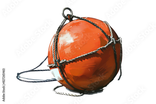 Close-up of an orange marine buoy with ropes tied around it, isolated on a white background. photo
