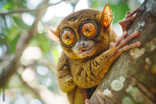 macro image of a tarsier  its large eyes gleaming with curiosity as it clings to a tree branch. The photograph captures the fine details of the tarsier s skin texture  fur  and the
