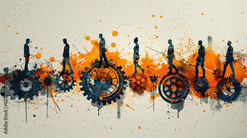 A drawing of businesspeople on interconnected gears, symbolizing synchronized teamwork. photo