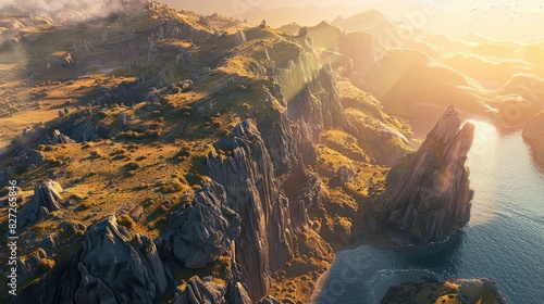 Aerial perspective of cliff edges bathed in golden sunlight, highlighting the rugged beauty of rocky landscapes photo