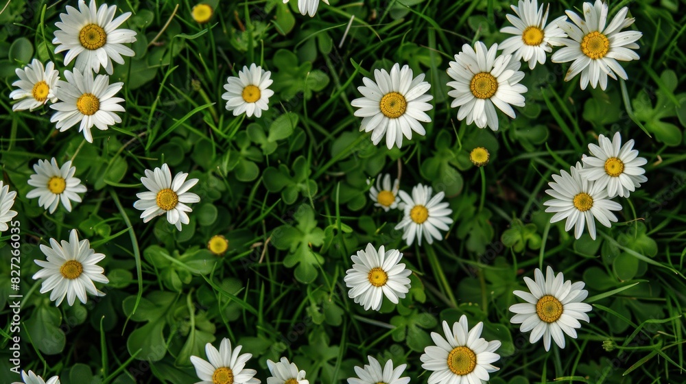 Top View of White Daisies with Yellow Centers and Green Leaves in a Lush Meadow - Generative AI Top View of White Daisies with Yellow Centers and Green Leaves in a Lush Meadow - Generative AI