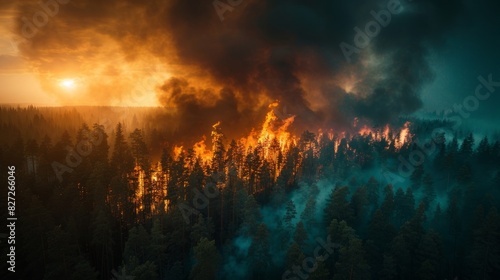 Intense forest fire with dark smoke rising above dense woodland area.