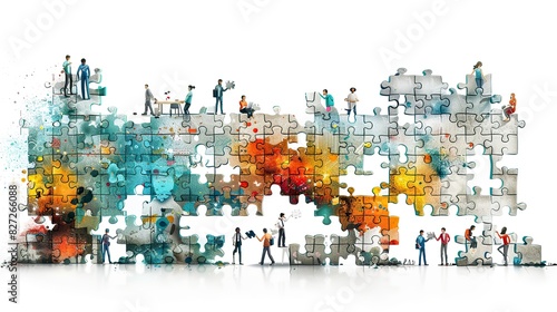 A drawing of a team working together on a large jigsaw puzzle, symbolizing solving business challenges.