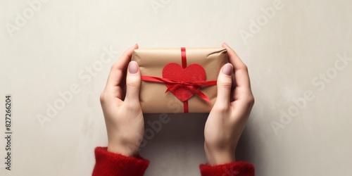 women's hands hold a gift in wrapping paper, for valentine's day. red decorative heart valentine's card or on the packaging. the concept of handmade. banner.