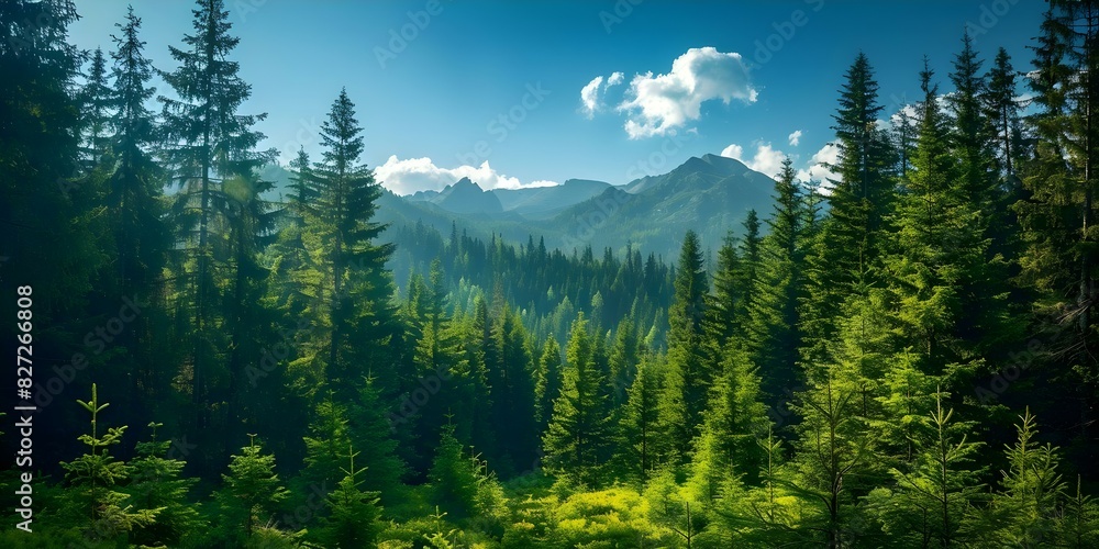 Fototapeta premium Capturing the Beauty of the Carpathian Forest under a Vibrant Blue Sky. Concept Nature Photography, Forest Landscapes, Blue Sky, Carpathian Mountains, Vibrant Colors