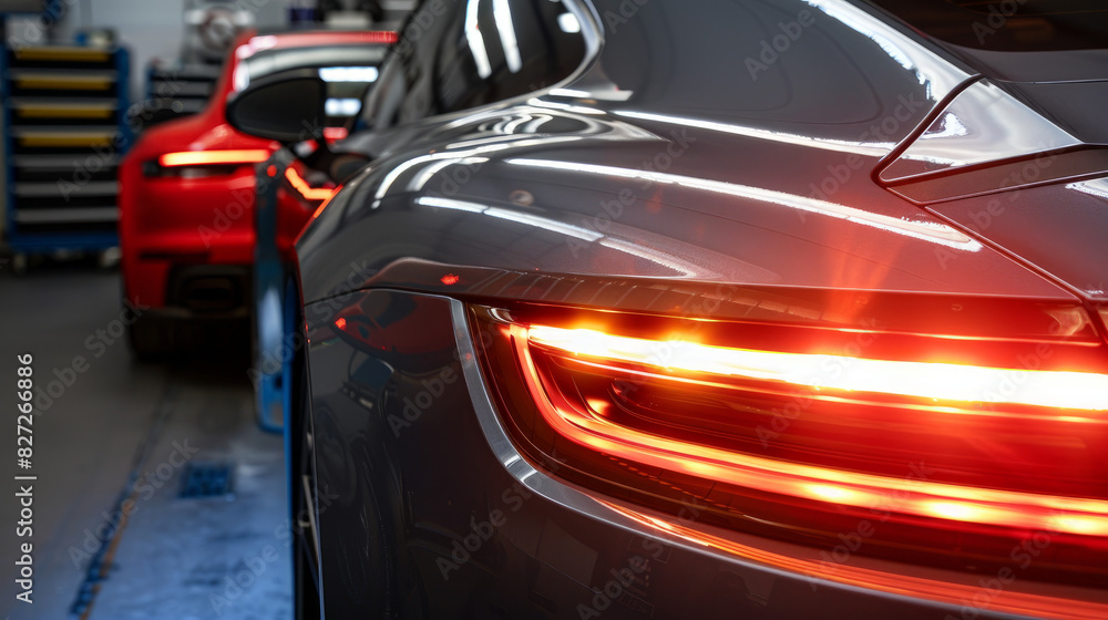 Fototapeta premium Before and after painting, a car's tail light looks different. This shows how the way cars are lit up has changed.