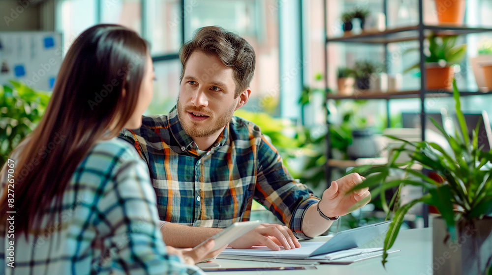 A man and a woman are talking to each other in a room with a potted plant A man and a woman are talking to each other in a room with a potted plant