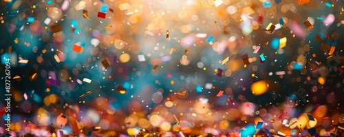 Celebratory scenes with confetti and bright colors, illustrating the Power of Playfulness selective focus, festive moments, dynamic, Fusion, Party backdrop photo