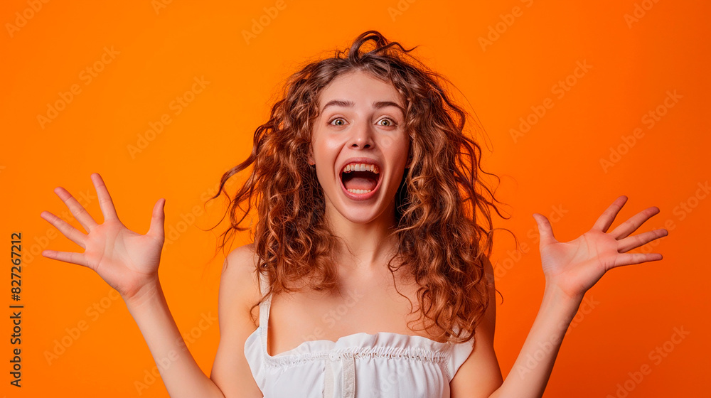 A woman with curly hair is standing in front of an orange background