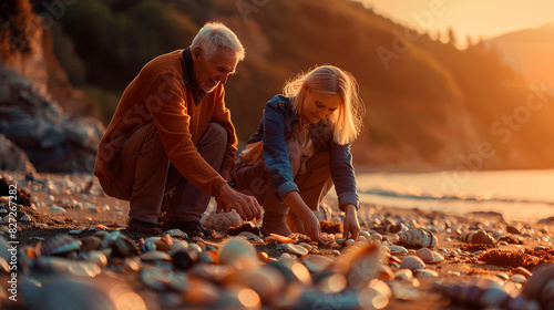 A man and a woman are kneeling on the beach, looking at shells