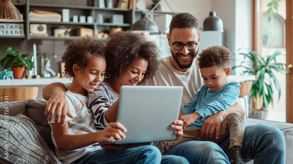 A family of four is sitting on a couch and looking at a laptop A family of four is sitting on a couch and looking at a laptop