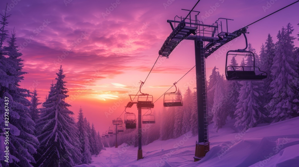Silhouette of a ski lift against a purple sunset sky with snowy trees below. Silhouette of a ski lift against a purple sunset sky with snowy trees below.