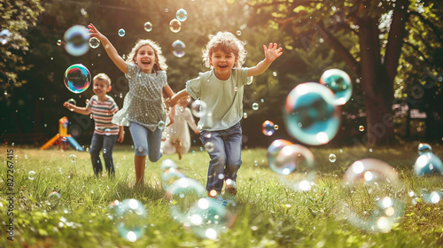 Three children are playing in a field with lots of bubbles