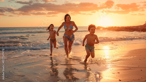 A woman and two children are running on the beach