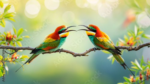Two birds are perched on a branch, one of which is singing