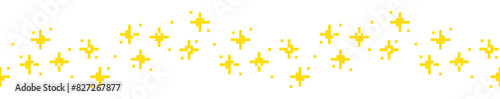 Pixel sparkling golden stars seamless border. 90s 8 bit game style glitter graphic element for branding, packaging, prints. Trendy modern retro vector illustration isolated on transparent background