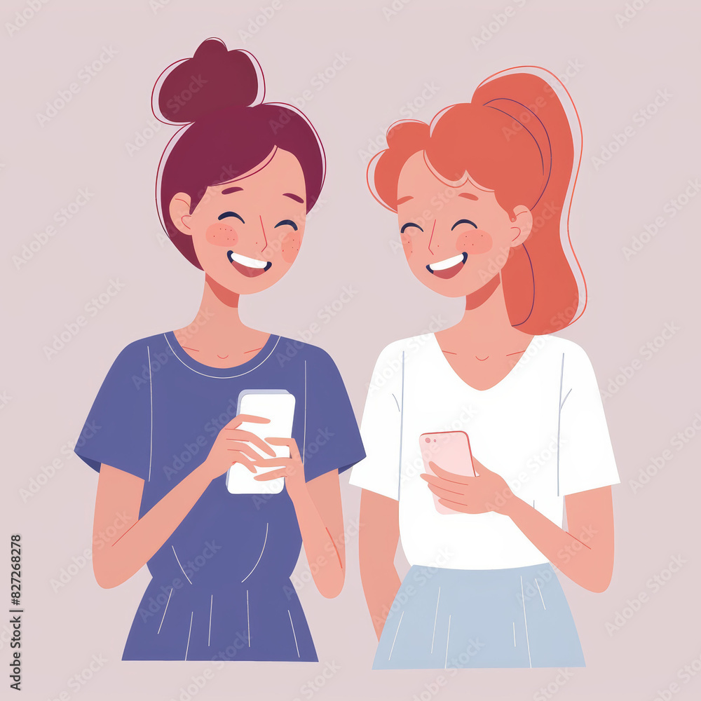 Two friends engaging with smartphones, simple and joyful illustration in pastel colors Two friends engaging with smartphones, simple and joyful illustration in pastel colors