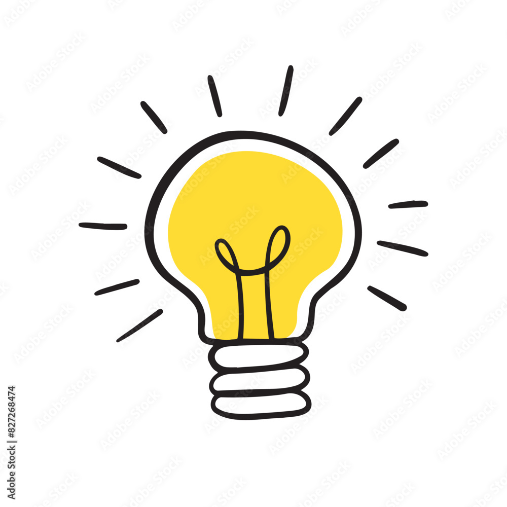 Light bulb idea rays shine Doodle Cartoon Flat style. Hand drawn Symbol creativity, inspiration. Light bulb idea rays shine Doodle Cartoon Flat style. Hand drawn Symbol creativity, inspiration.