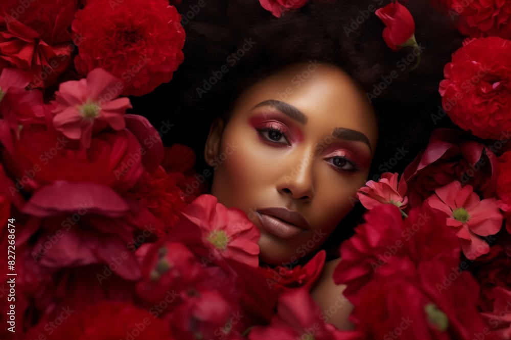 beautiful mixed race woman in a bed of red flowers