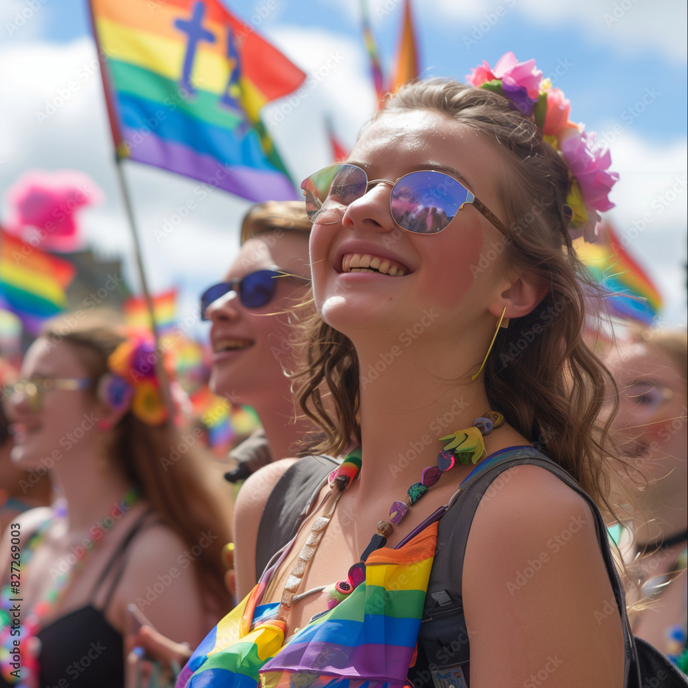 a diverse community celebrating pride with flags and joyful expressions a diverse community celebrating pride with flags and joyful expressions