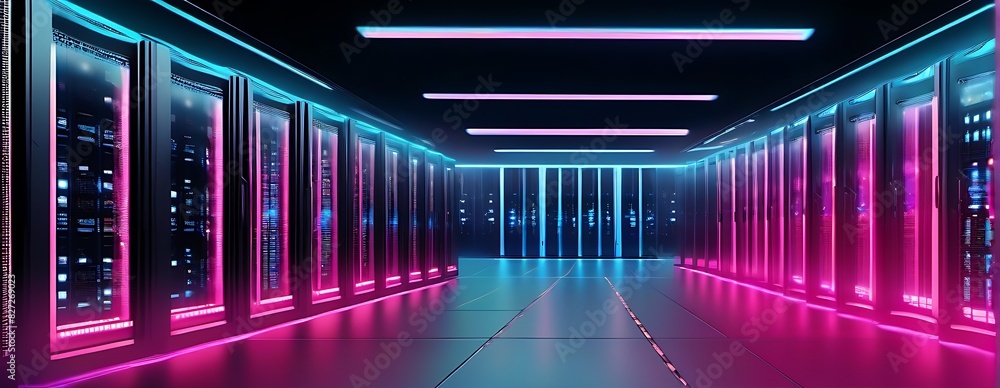 Data center server room. Server room with modern blue and pink neon lights. Data center server room. Server room with modern blue and pink neon lights.