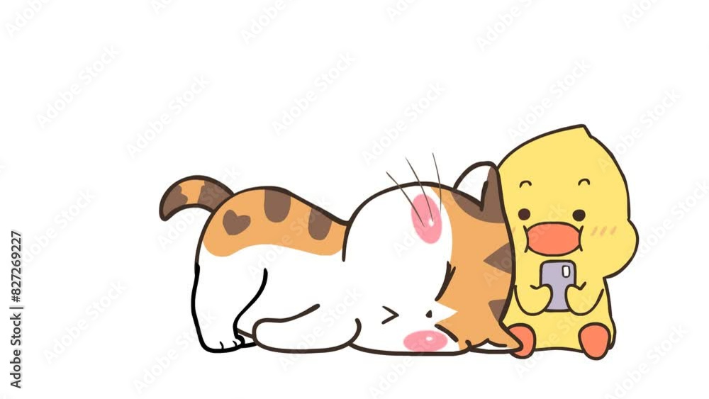 Animated Cat Attracting Duck's Attention with White Background for Video Stock Animated Cat Attracting Duck's Attention with White Background for Video Stock