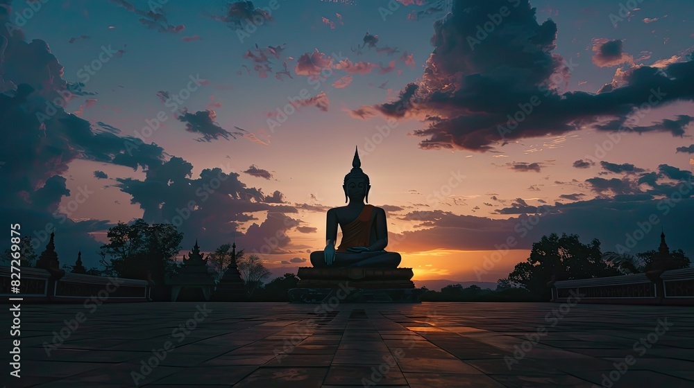 Dramatic silhouette of a towering Buddha statue at dusk, capturing the tranquil beauty of the temple grounds