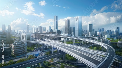 Elevated expressway winding through a major city, surrounded by skyscrapers and urban architecture