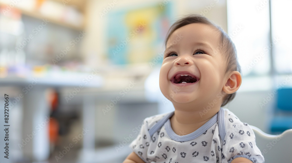 Happy baby on chair in room with table Happy baby on chair in room with table