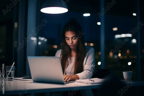 dedicated young businesswoman working late while using laptop at creative office photo