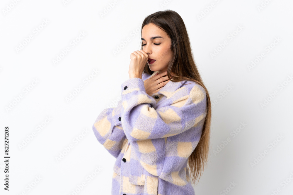 Young caucasian woman isolated on purple background is suffering with cough and feeling bad Young caucasian woman isolated on purple background is suffering with cough and feeling bad