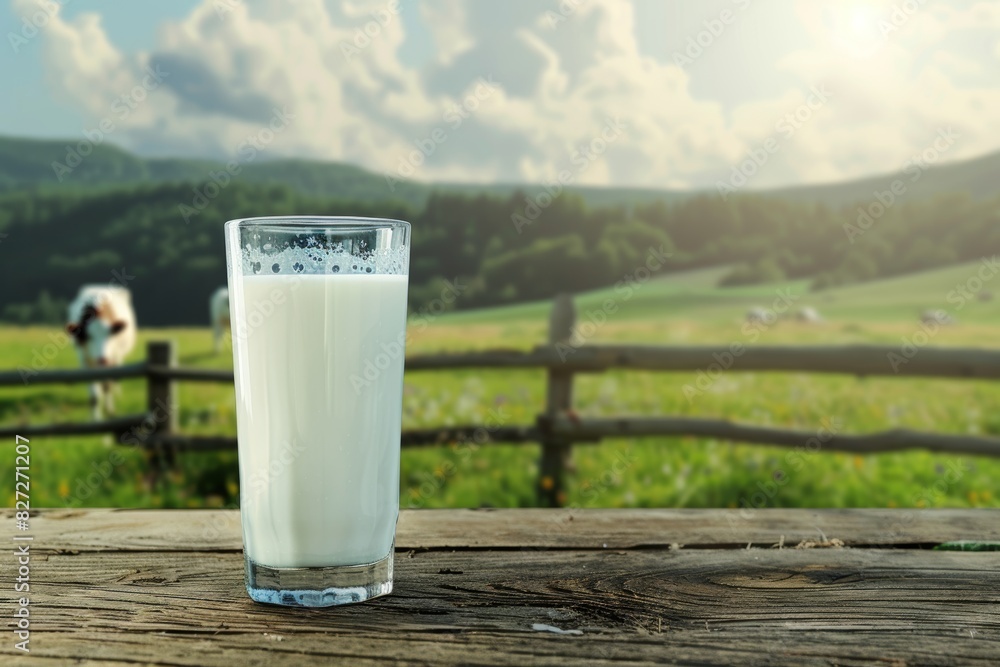 Fresh organic milk in glass on wooden table with cows grazing on lush green grass landscape Fresh organic milk in glass on wooden table with cows grazing on lush green grass landscape