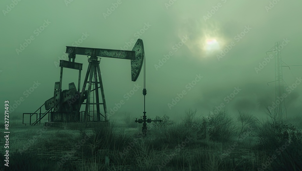Oil Pumpjack Operating in Foggy Field at Sunrise Oil Pumpjack Operating in Foggy Field at Sunrise