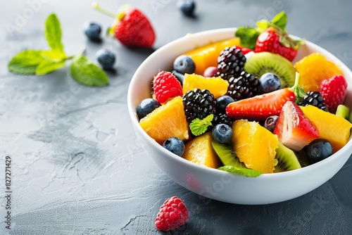 Fresh fruit salad in bowl - healthy and delicious mix of freshly cut fruits for a refreshing snack