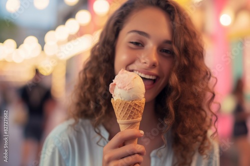happy young woman eating her ice cream