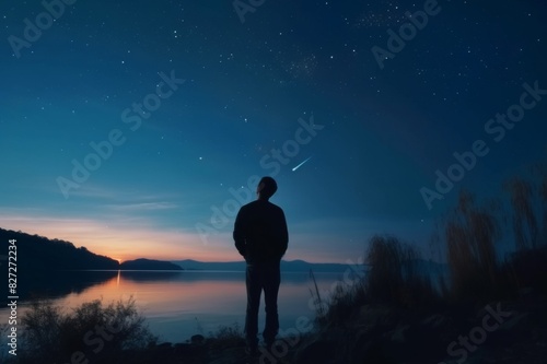 Man looking at the starry skies, crescent Moon and shooting star in blue hour twilight time. Man looking at the starry skies, crescent Moon and shooting star in blue hour twilight time