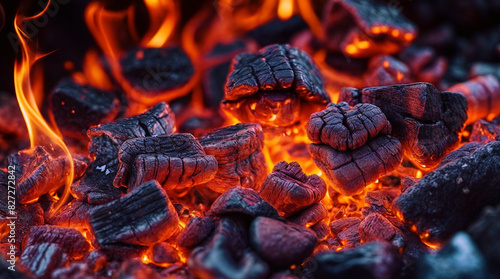 Grill Barbecue Pit With Glowing And Flaming Hot Charcoal Briquettes Smocked, Close-Up detailed background
 photo